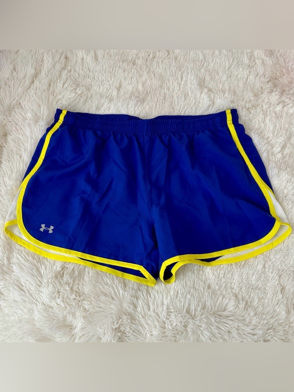 UNDER ARMOUR Blue Yellow Running Shorts Built In Brief Athletic Women’s Large